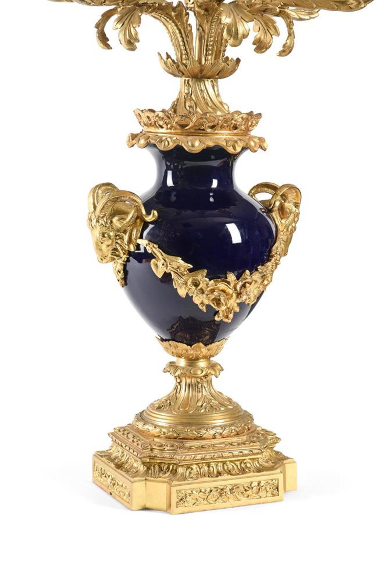 A PAIR OF ORMOLU MOUNTED BLUE PORCELAIN TEN LIGHT URN CANDELABRA, FRENCH, EARLY 20TH CENTURY - Image 2 of 5