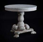 A WHITE PAINTED CARVED WOOD AND MARBLE CENTRE TABLE, IN GEORGE IV STYLE, OF RECENT MANUFACTURE