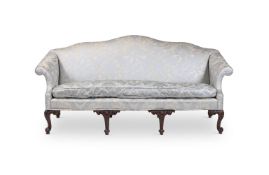 A CARVED MAHOGANY AND UPHOLSTERED SOFA, IN THE MANNER OF JOHN COBB, 20TH CENTURY