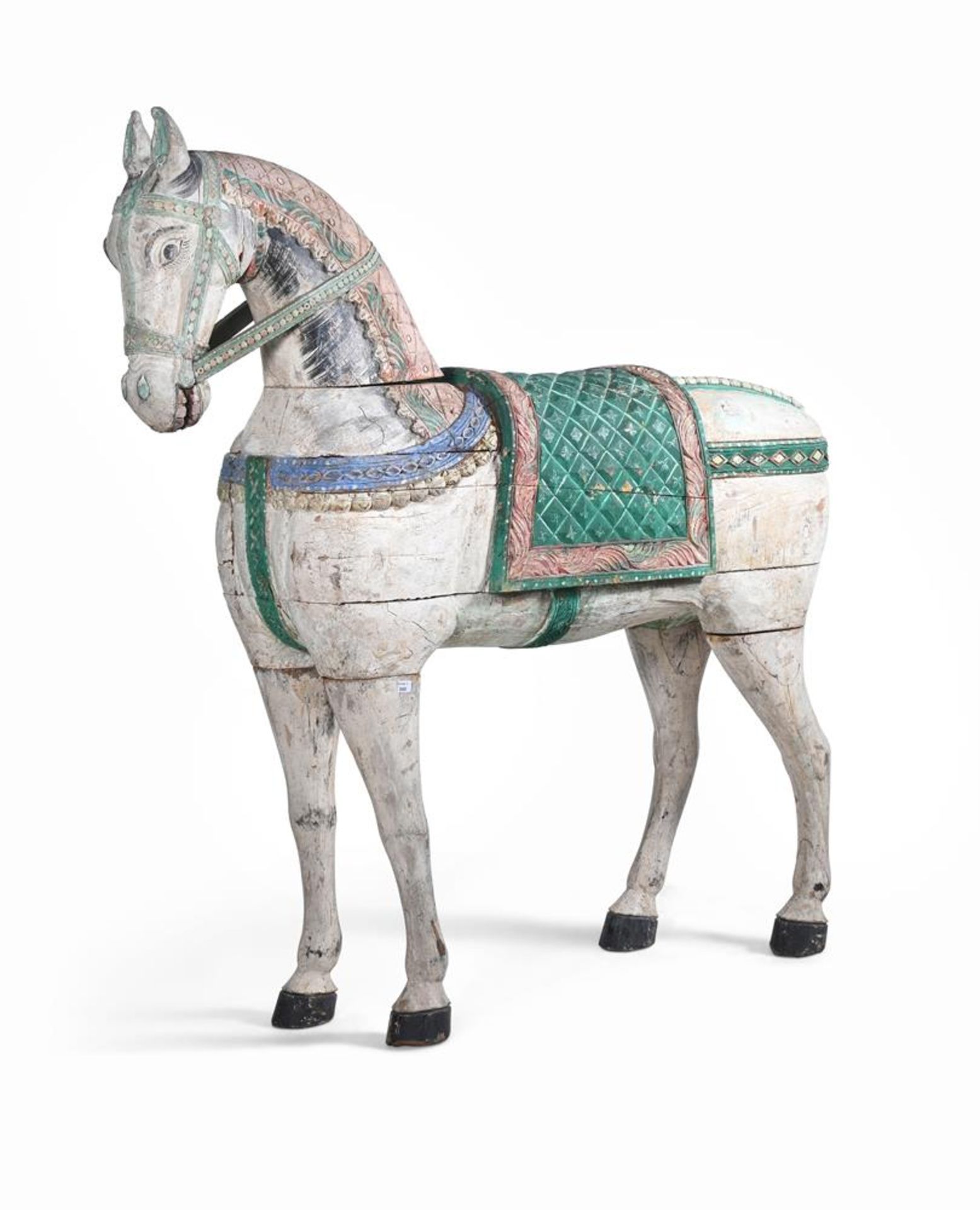 AN INDIAN LIFE SIZE CARVED HARDWOOD AND POLYCHROME PAINTED MODEL OF A HORSE, 20TH CENTURY - Bild 2 aus 4