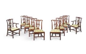 A SET OF TEN GEORGE III MAHOGANY DINING CHAIRS, THIRD QUARTER 18TH CENTURY AND LATER ADAPTED