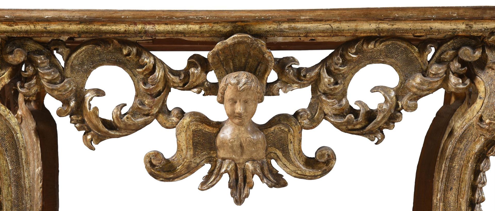 A CARVED GILTWOOD AND LUMACHELLA MARBLE CONSOLE TABLE, ITALIAN, FIRST HALF 18TH CENTURY - Bild 4 aus 6
