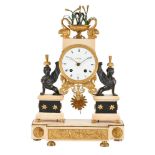 A LOUIS XVI NEOCLASSICAL ORMOLU, WHITE MARBLE AND BRONZE QUARTER-STRIKING MANTEL CLOCK, CIRCA 1790