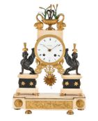 A LOUIS XVI NEOCLASSICAL ORMOLU, WHITE MARBLE AND BRONZE QUARTER-STRIKING MANTEL CLOCK, CIRCA 1790