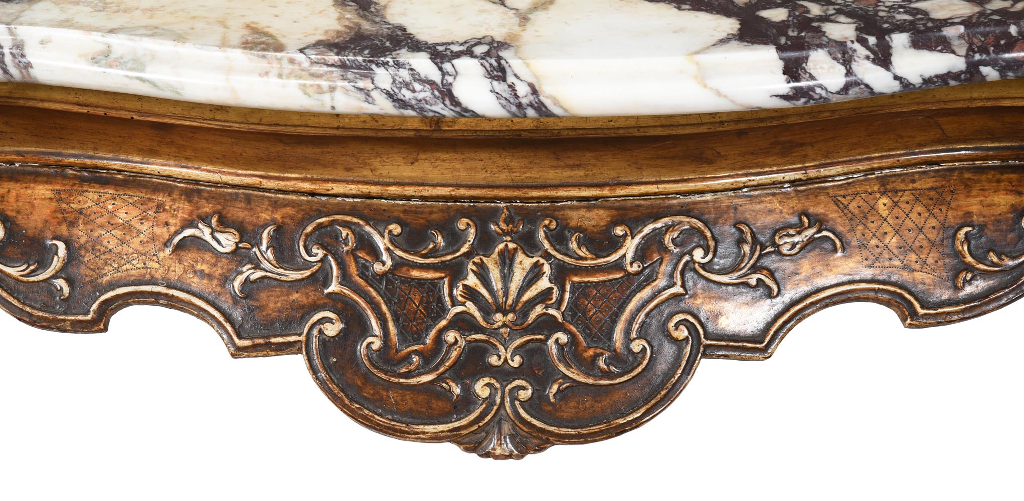 A GILTWOOD, GESSO AND MARBLE CONSOLE TABLE, IN 18TH CENTURY STYLE, 19TH CENTURY - Image 4 of 4