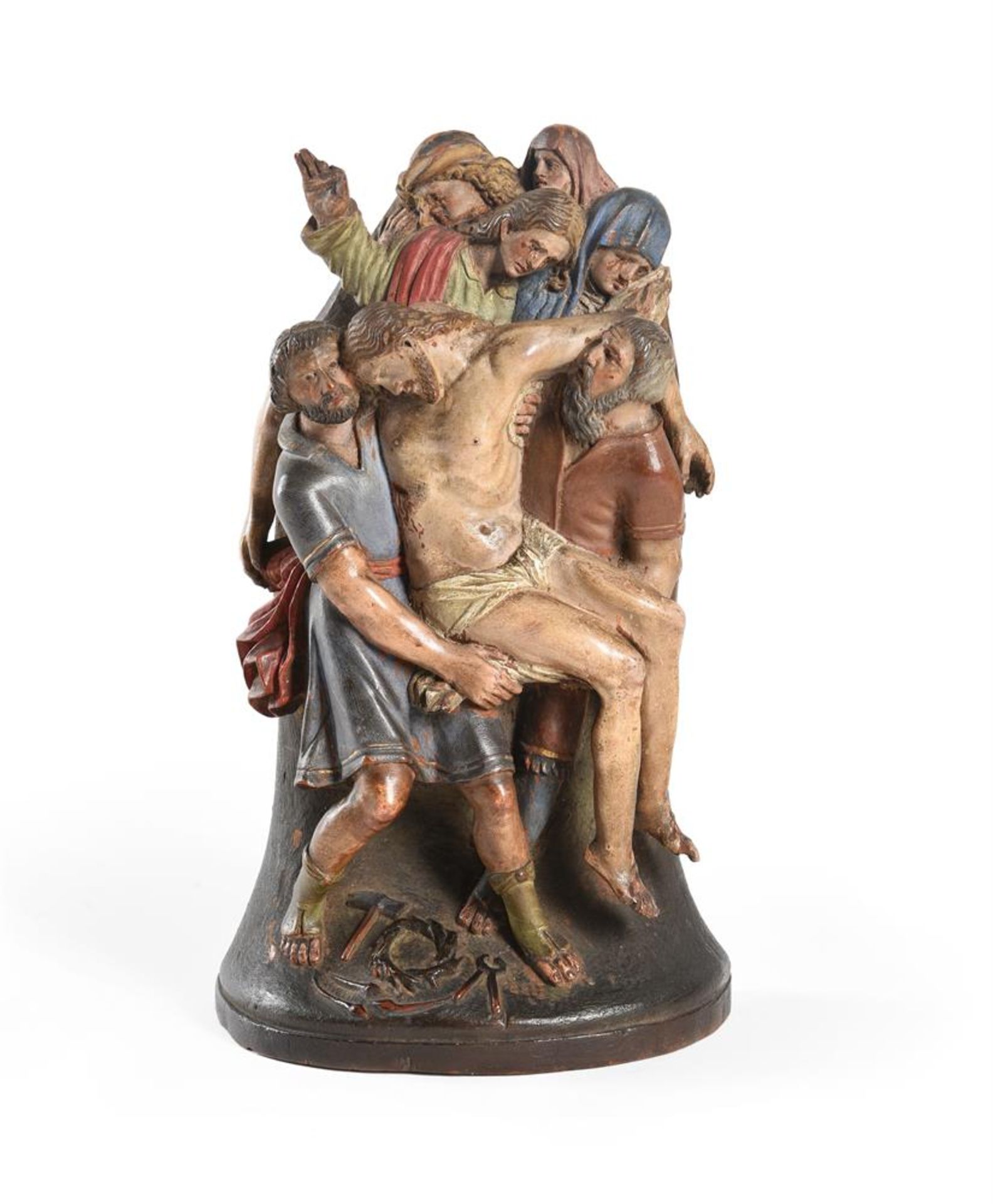 A CARVED AND POLYCHROME WOOD GROUP OF THE DEPOSITION OR LAMENTATION, 17TH CENTURY