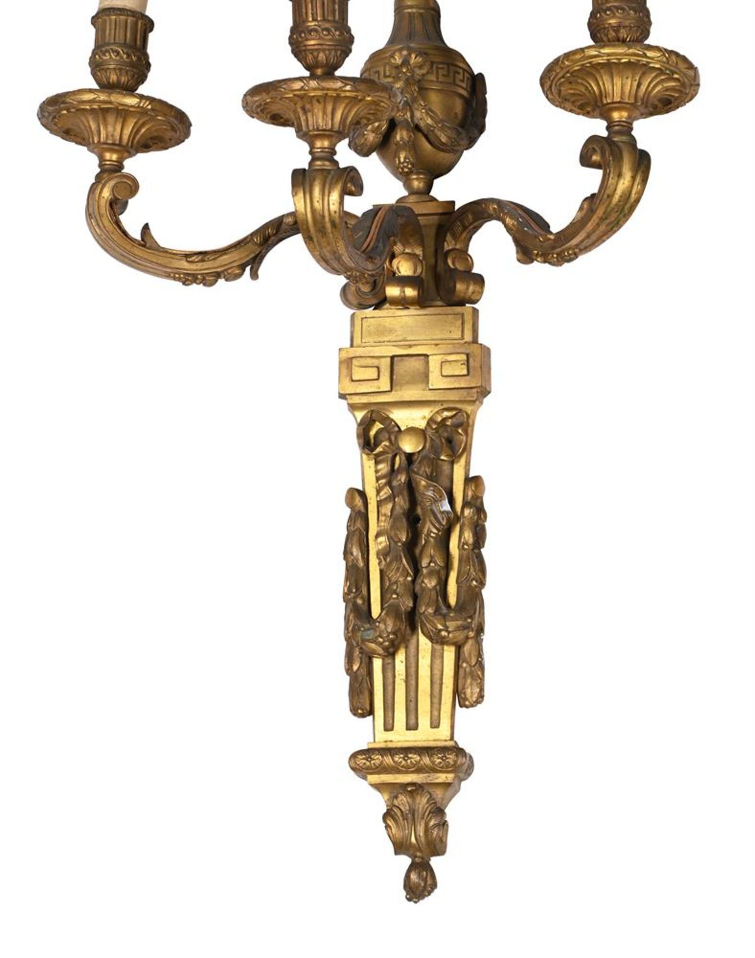 A PAIR OF FRENCH GILT BRONZE THREE BRANCH WALL LIGHTS, LATE 19TH CENTURY - Image 3 of 3
