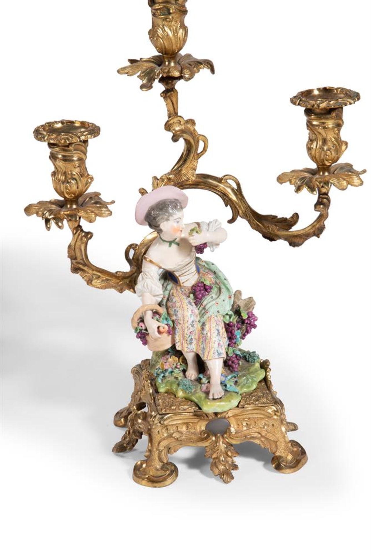 A PAIR OF ORMOLU MOUNTED MINTON PORCELAIN THREE LIGHT CANDELABRA EARLY 19TH CENTURY With Minton po - Image 2 of 4