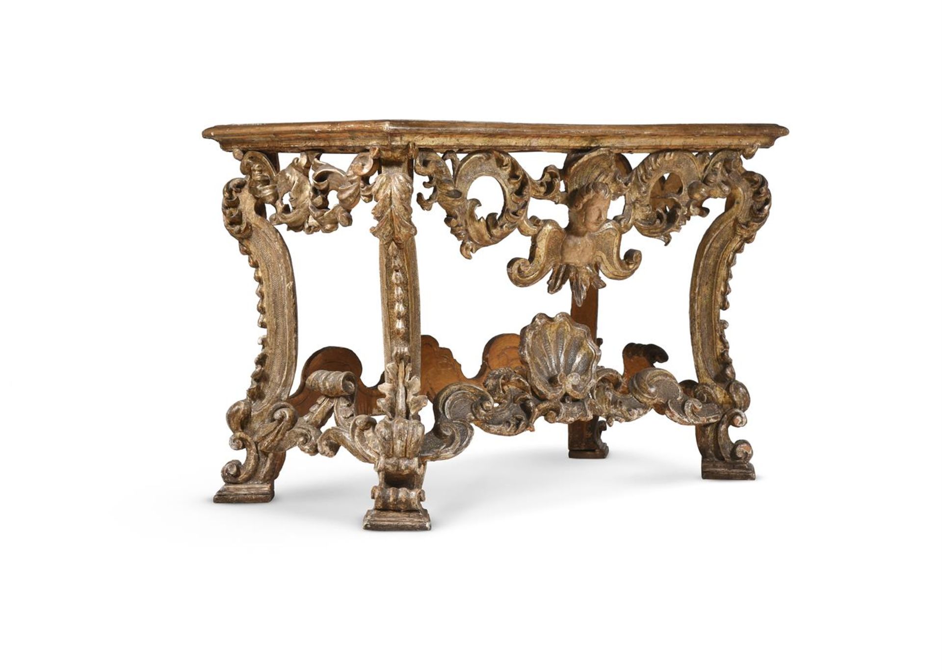 A CARVED GILTWOOD AND LUMACHELLA MARBLE CONSOLE TABLE, ITALIAN, FIRST HALF 18TH CENTURY - Bild 2 aus 6