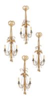 A SET OF FOUR GILTWOOD AND COMPOSITION TWIN BRANCH WALL LIGHTS, FIRST HALF 19TH CENTURY