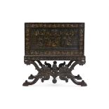 AN ANGLO-INDIAN BLACK LACQUER AND GILT CHINOISERIE DECORATED CHEST ON CARVED STAND, 19TH CENTURY