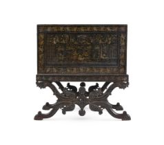 AN ANGLO-INDIAN BLACK LACQUER AND GILT CHINOISERIE DECORATED CHEST ON CARVED STAND, 19TH CENTURY