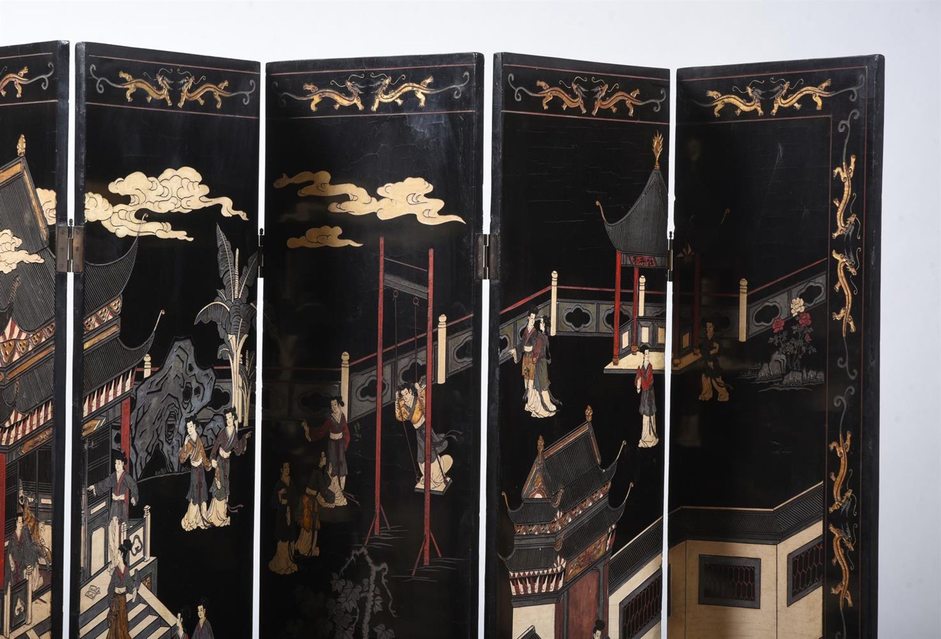 A JAPANESE BLACK LACQUER AND DECORATED SIX-FOLD SCREEN, MEIJI PERIOD - Image 2 of 4