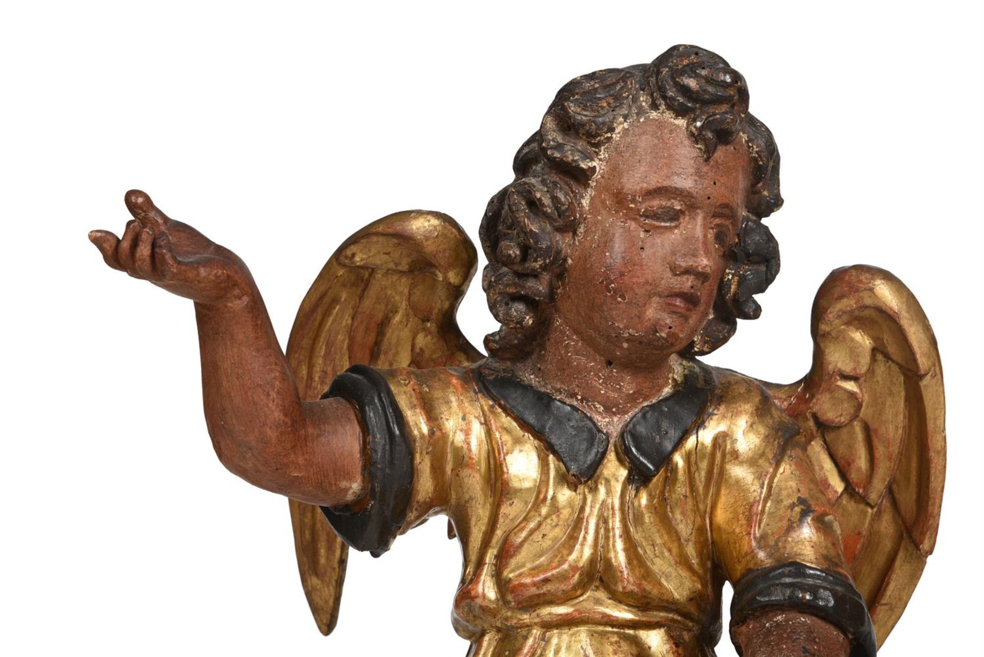 A PAIR OF POLYCHROME AND GILT FIGURES OF ANGELS, PROBABLY FRENCH, 18TH CENTURY AND LATER - Image 3 of 4