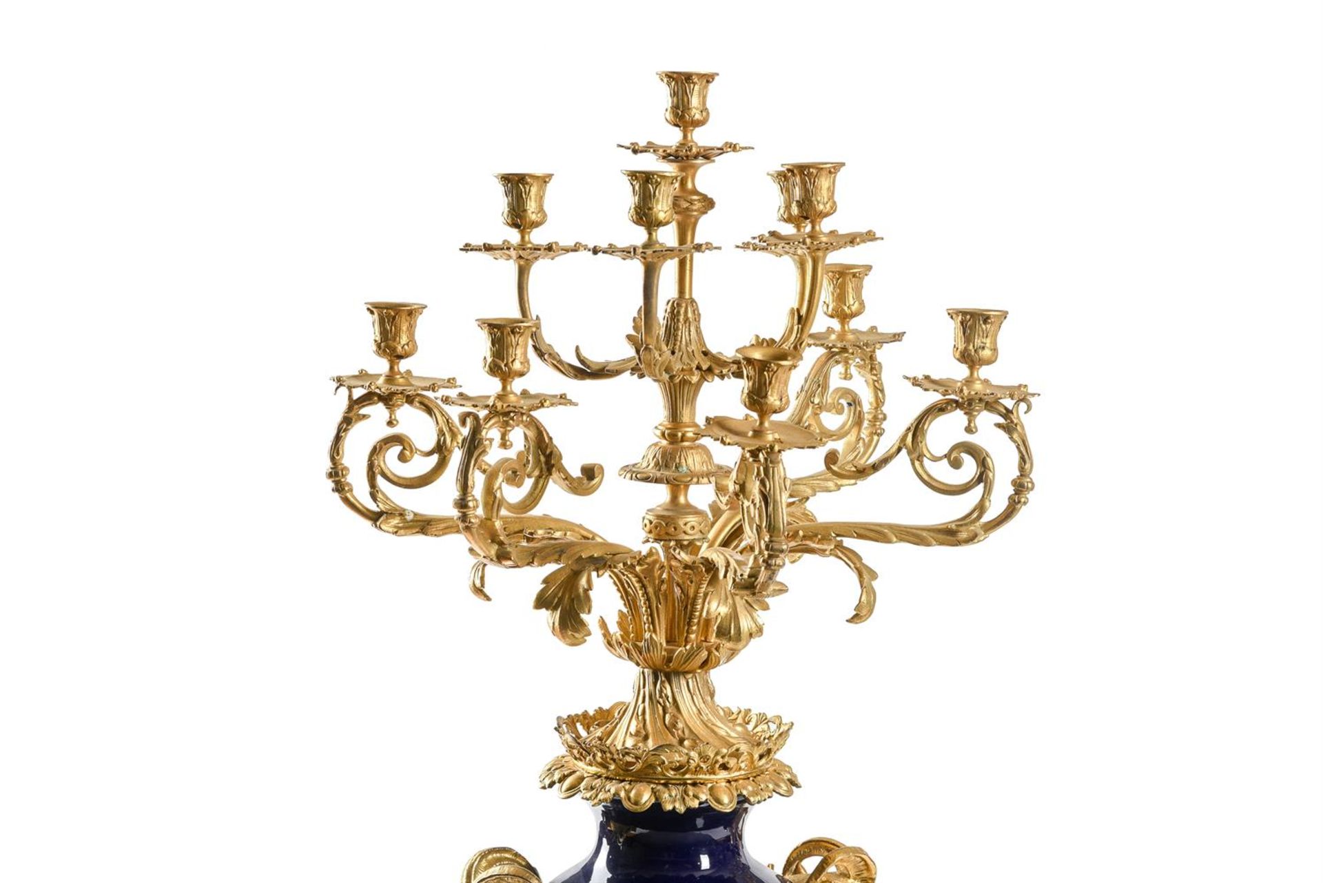 A PAIR OF ORMOLU MOUNTED BLUE PORCELAIN TEN LIGHT URN CANDELABRA, FRENCH, EARLY 20TH CENTURY - Image 4 of 5