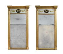 A LARGE PAIR OF GEORGE III CARVED GILTWOOD AND VERRE ÉGLOMISÉ MIRRORS, CIRCA 1800