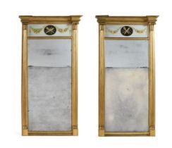 A LARGE PAIR OF GEORGE III CARVED GILTWOOD AND VERRE ÉGLOMISÉ MIRRORS, CIRCA 1800