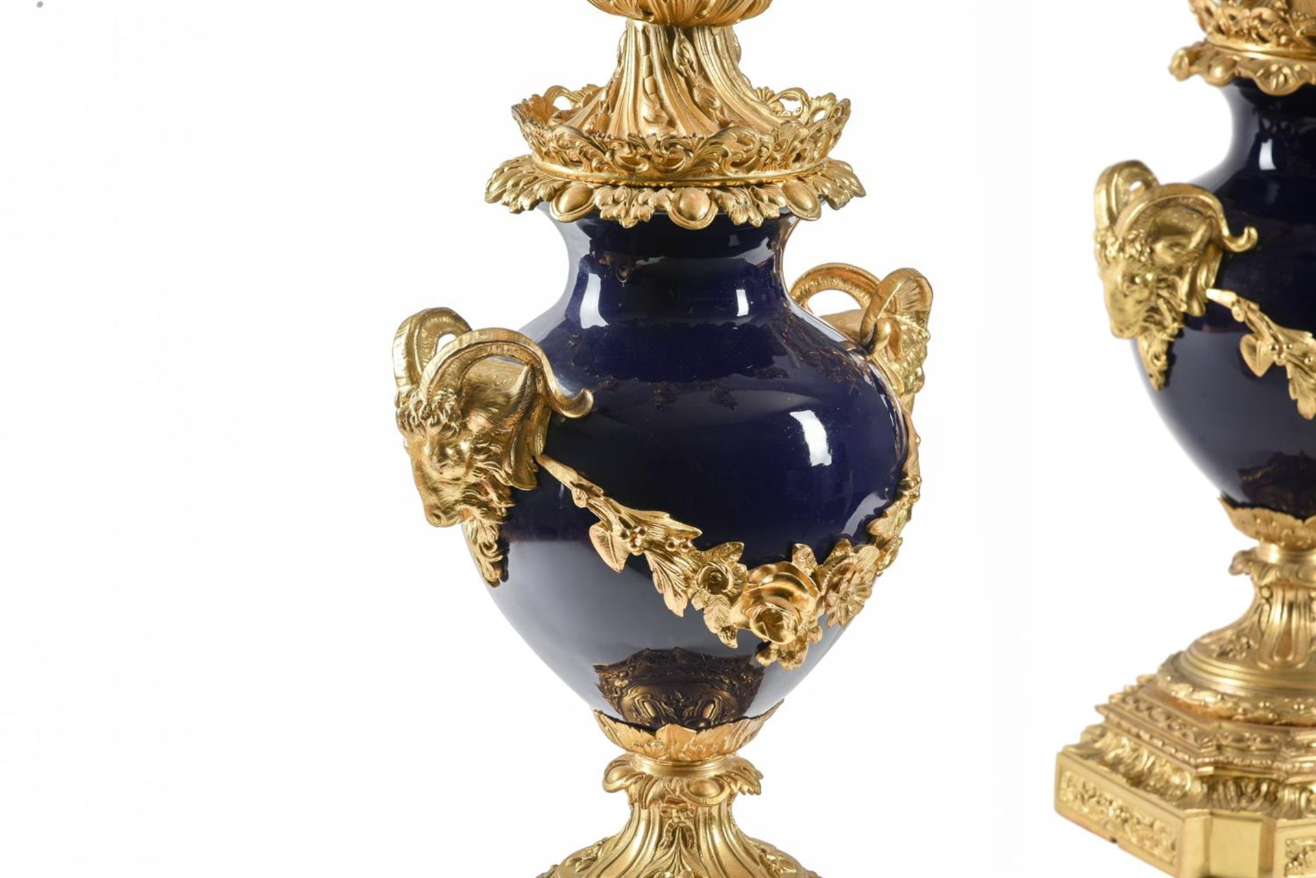 A PAIR OF ORMOLU MOUNTED BLUE PORCELAIN TEN LIGHT URN CANDELABRA, FRENCH, EARLY 20TH CENTURY - Image 3 of 5