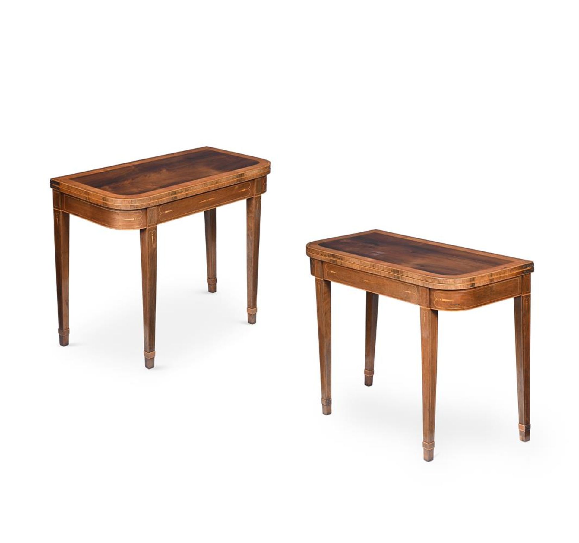 Y A PAIR OF GEORGE III ROSEWOOD AND SATINWOOD CROSSBANDED CARD TABLES, CIRCA 1790
