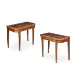Y A PAIR OF GEORGE III ROSEWOOD AND SATINWOOD CROSSBANDED CARD TABLES, CIRCA 1790