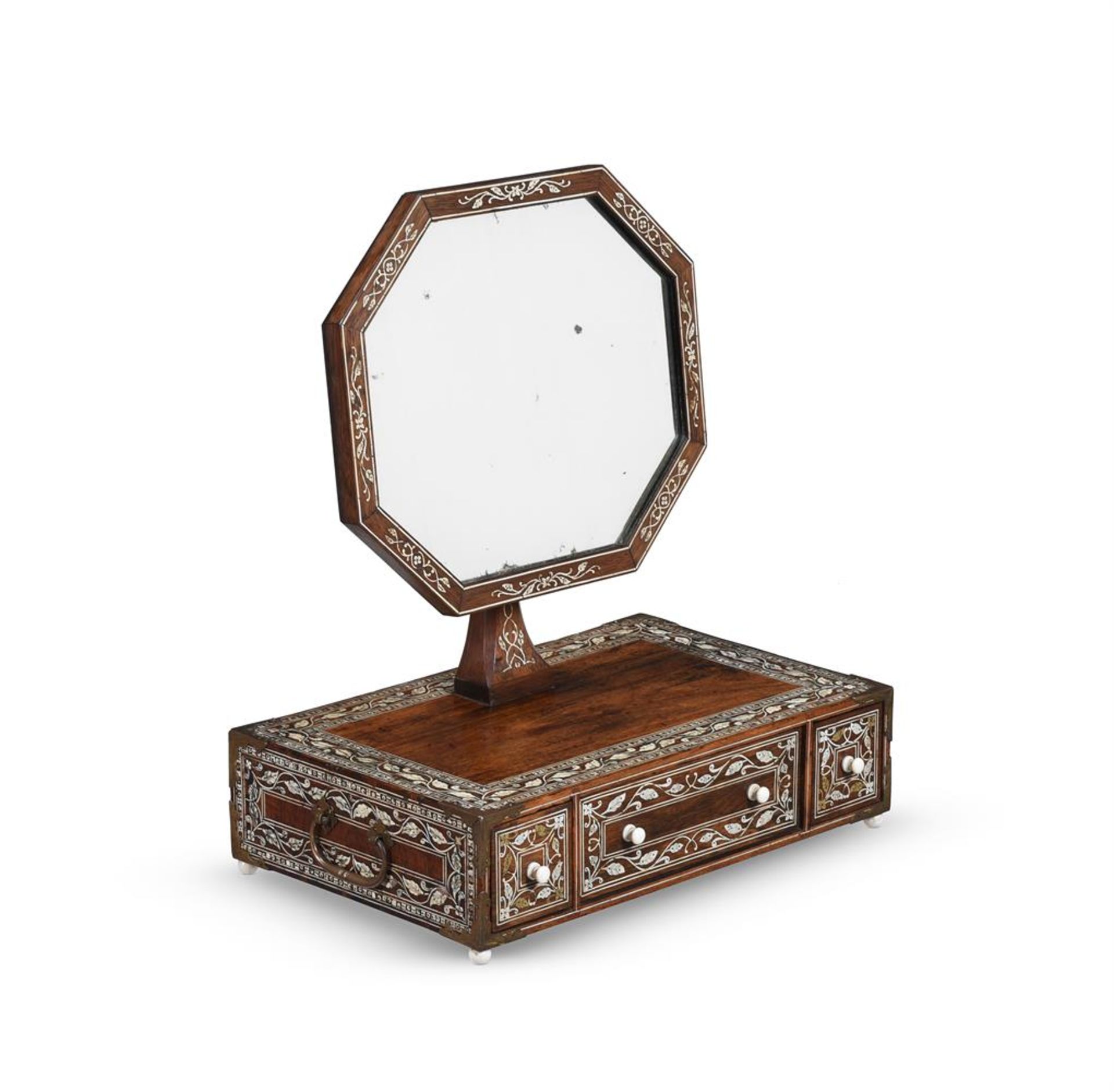 Y AN ANGLO-INDIAN ROSEWOOD, IVORY AND BONE DRESSING MIRROR, FIRST HALF 19TH CENTURY