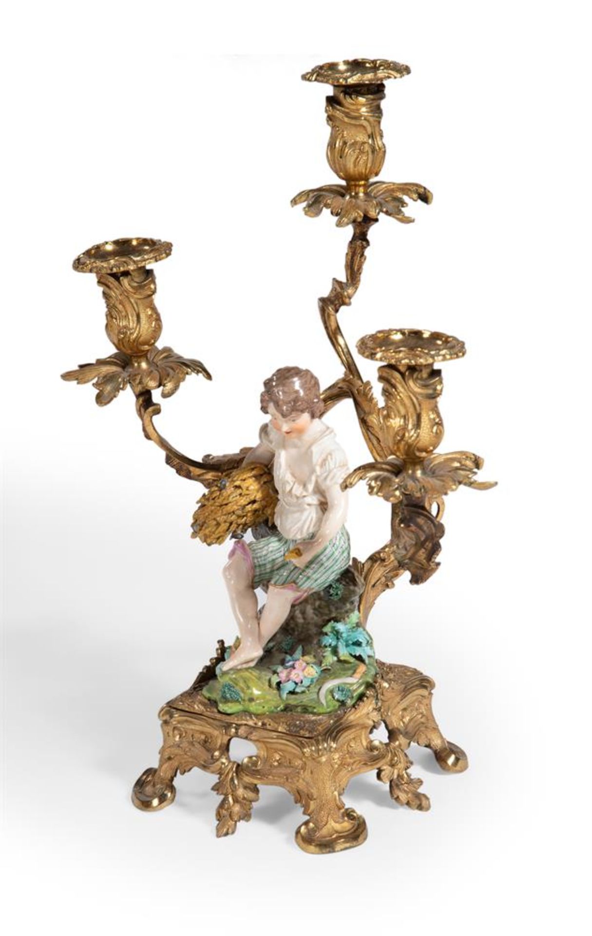 A PAIR OF ORMOLU MOUNTED MINTON PORCELAIN THREE LIGHT CANDELABRA EARLY 19TH CENTURY With Minton po - Image 3 of 4