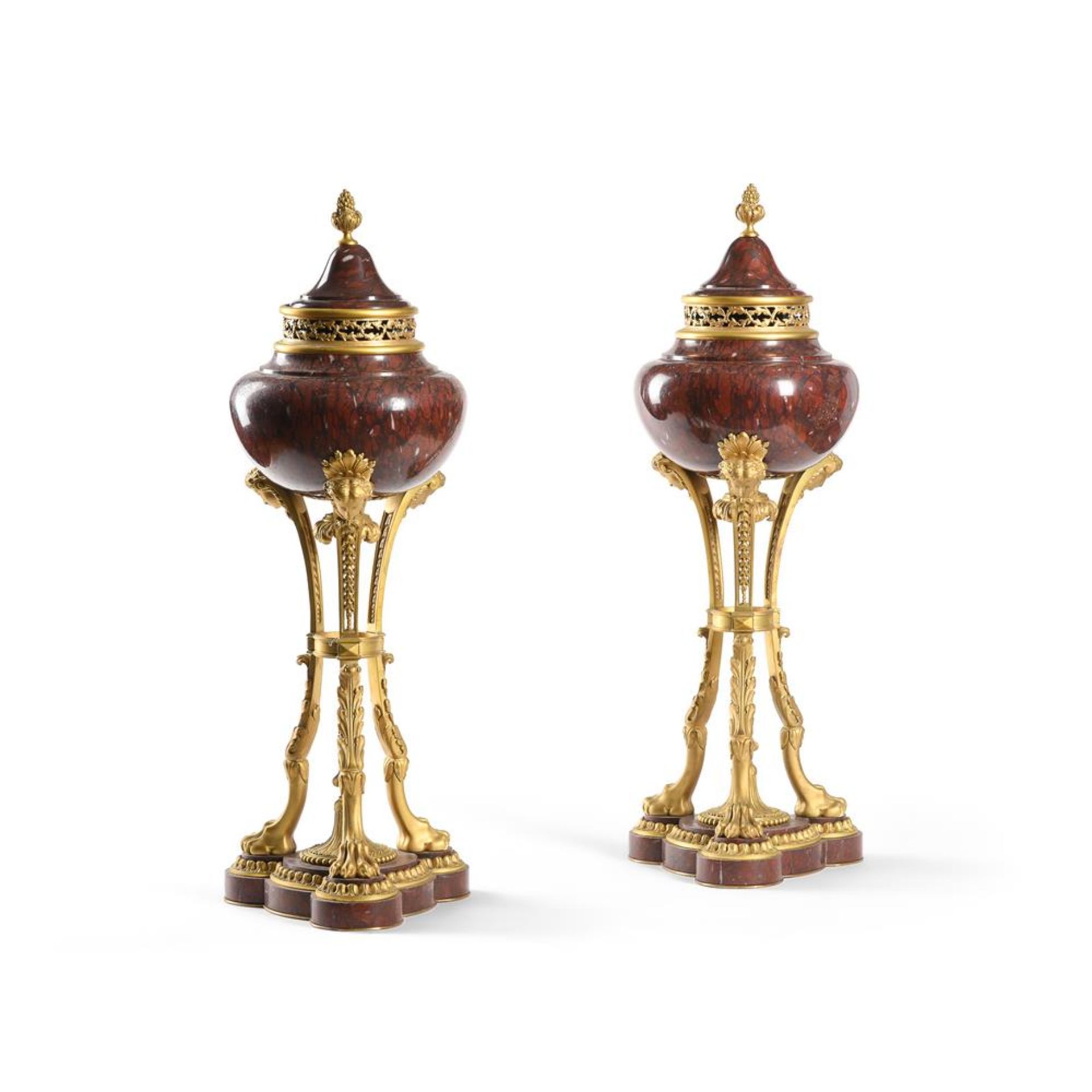 A LARGE PAIR OF FRENCH ORMOLU MOUNTED ROUGE GRIOTTE MARBLE BRULE PARFUMS, 19TH OR 20TH CENTURY