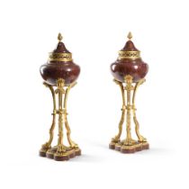 A LARGE PAIR OF FRENCH ORMOLU MOUNTED ROUGE GRIOTTE MARBLE BRULE PARFUMS, 19TH OR 20TH CENTURY