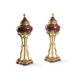 A LARGE PAIR OF FRENCH ORMOLU MOUNTED ROUGE GRIOTTE MARBLE BRULE PARFUMS, 19TH OR 20TH CENTURY