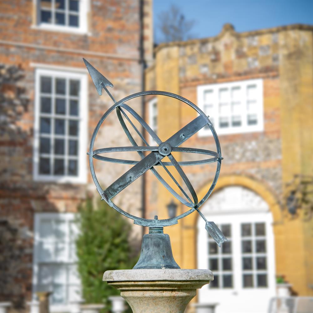 A VERDIGRIS METAL ARMILLARY SPHERE ON A COMPOSITION STONE PEDESTAL, OF RECENT MANUFACTURE - Image 3 of 3
