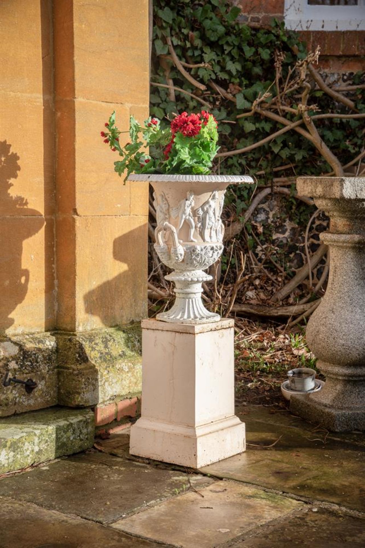 A PAIR OF PAINTED CAST IRON MEDICI URNS ON BASES, 19TH CENTURY - Image 3 of 3