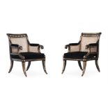 ANOTHER PAIR OF EBONISED AND PARCEL GILT LIBRARY ARMCHAIRS, IN REGENCY STYLE, OF RECENT MANUFACTURE