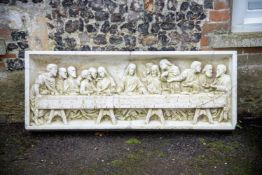 A LARGE ITALIAN CARVED CARRARA MARBLE PLAQUE DEPICTING THE LAST SUPPER, AFTER MICHELANGELO