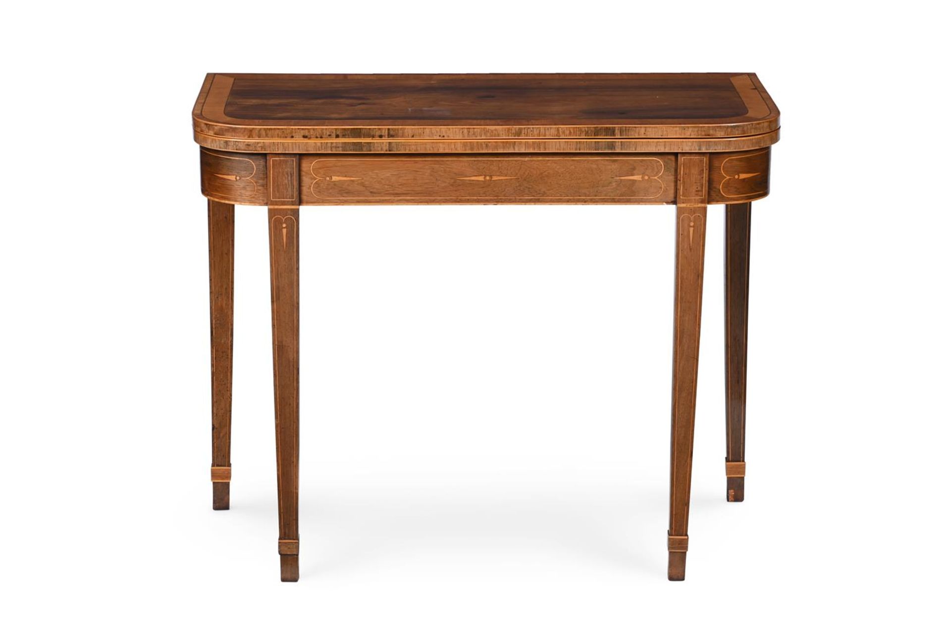 Y A PAIR OF GEORGE III ROSEWOOD AND SATINWOOD CROSSBANDED CARD TABLES, CIRCA 1790 - Image 4 of 8