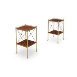 A PAIR OF MAHOGANY AND GILT BRASS TWO TIER TABLES OR ETAGERES, 20TH CENTURY