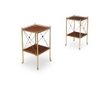A PAIR OF MAHOGANY AND GILT BRASS TWO TIER TABLES OR ETAGERES, 20TH CENTURY