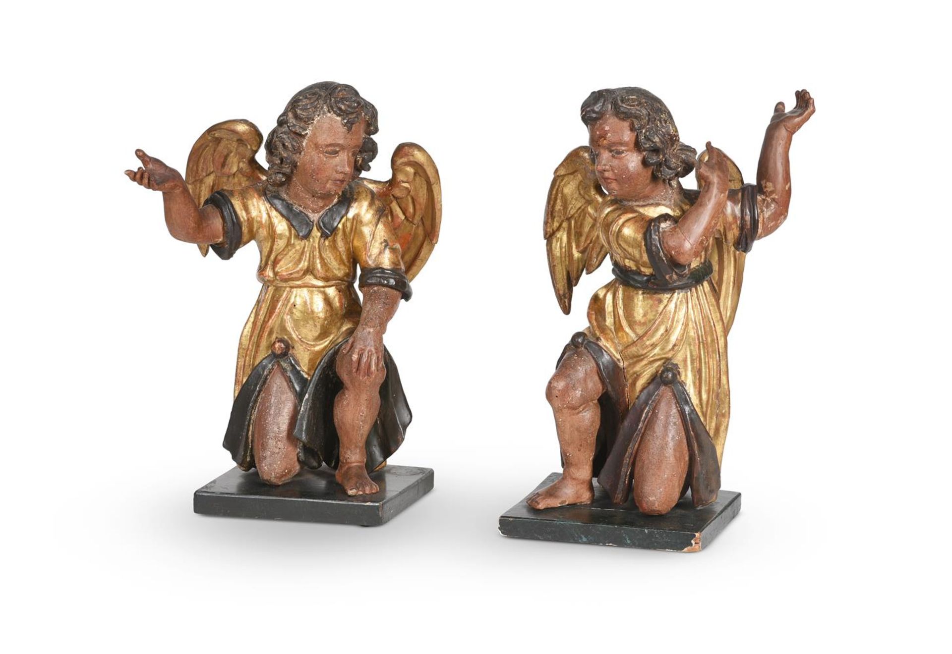 A PAIR OF POLYCHROME AND GILT FIGURES OF ANGELS, PROBABLY FRENCH, 18TH CENTURY AND LATER