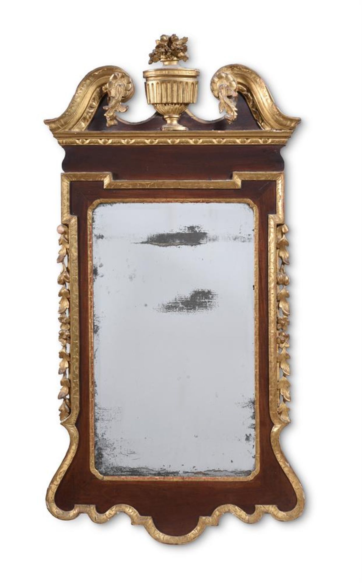 A GEORGE II WALNUT AND PARCEL GILT MIRROR, CIRCA 1740