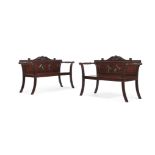 A FINE PAIR OF MAHOGANY HALL BENCHES, AFTER A DESIGN BY JAMES WYATT, CIRCA 1820-1840