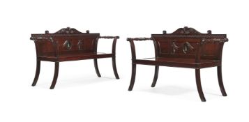 A FINE PAIR OF MAHOGANY HALL BENCHES, AFTER A DESIGN BY JAMES WYATT, CIRCA 1820-1840