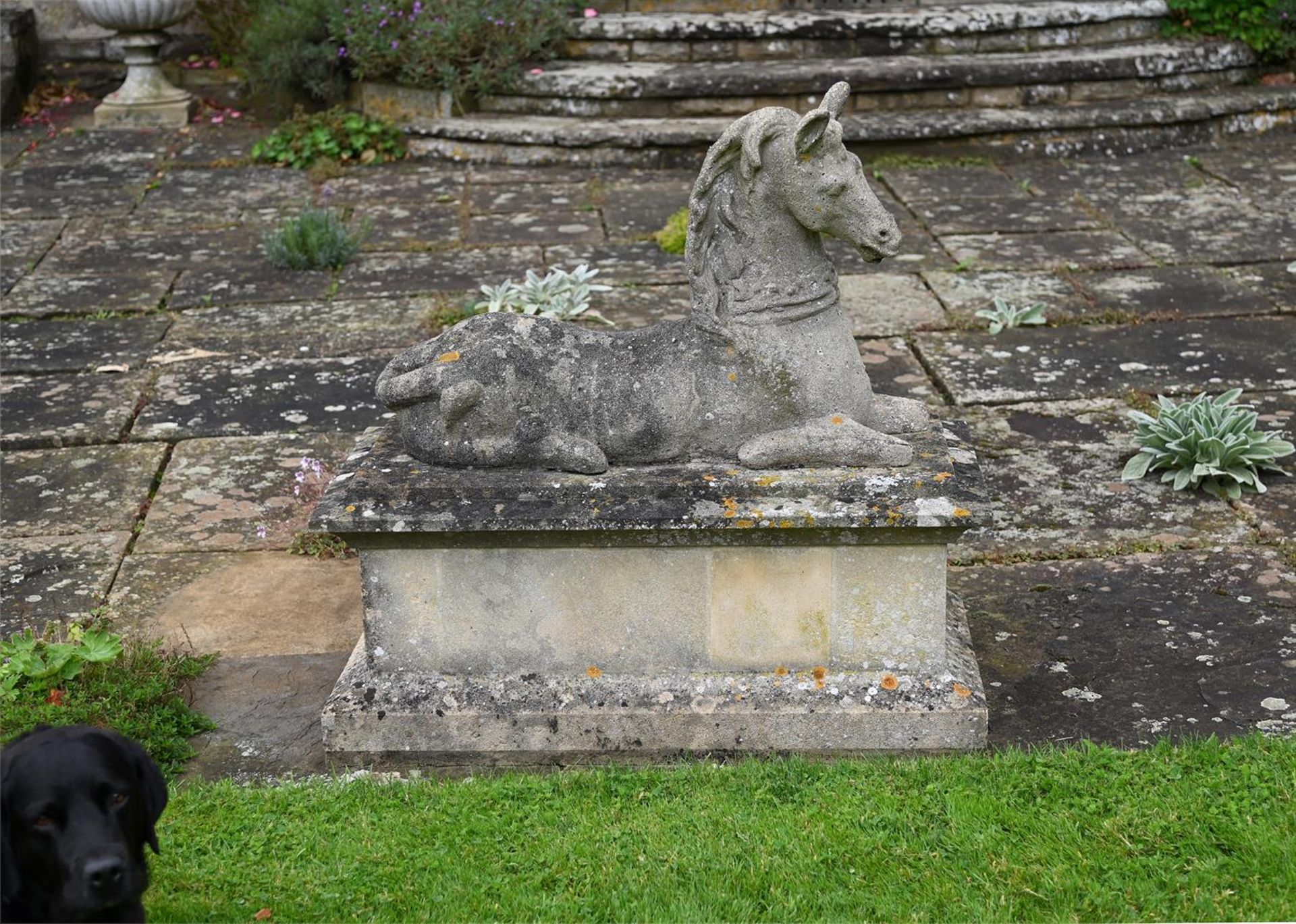 A PAIR OF COMPOSITION STONE MODELS OF RECUMBENT HORSES, 20TH CENTURY - Image 3 of 4