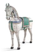 AN INDIAN LIFE SIZE CARVED HARDWOOD AND POLYCHROME PAINTED MODEL OF A HORSE, 20TH CENTURY