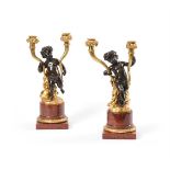 A GOOD PAIR OF FRENCH ORMOLU, PATINATED BRONZE AND MARBLE FIGURAL CANDELABRA