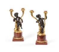 A GOOD PAIR OF FRENCH ORMOLU, PATINATED BRONZE AND MARBLE FIGURAL CANDELABRA