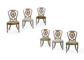 A SET OF SIX GEORGE III POLYCHROME PAINTED SIDE CHAIRS, CIRCA 1800