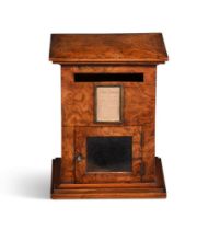 AN EDWARDIAN FIGURED WALNUT TABLE LETTER BOX, EARLY 20TH CENTURY