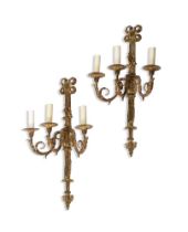 A PAIR OF GILT BRONZE THREE BRANCH WALL LIGHTS, LATE 19TH OR EARLY 20TH CENTURY