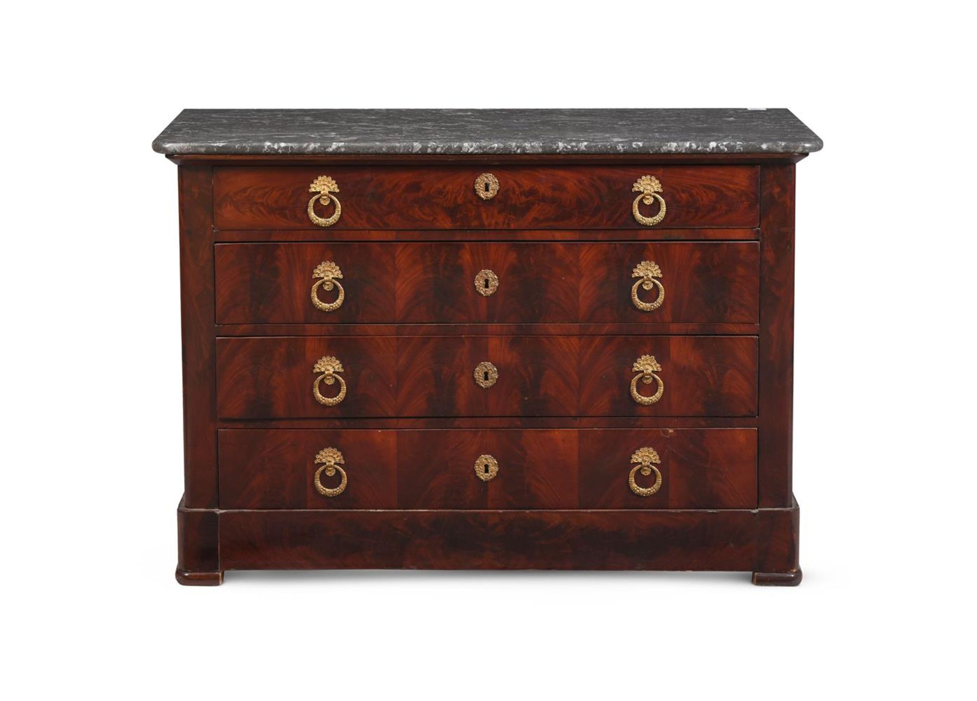 A LOUIS PHILLIPE MAHOGANY AND FOSSILISED MARBLE MOUNTED COMMODE, CIRCA 1840