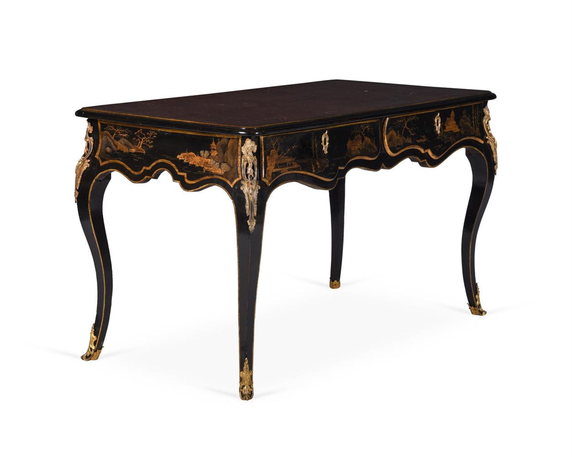 A LOUIS XV BLACK JAPANNED, GILT DECORATED AND ORMOLU MOUNTED BUREAU PLAT, MID 18TH CENTURY - Bild 2 aus 4