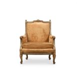A LARGE PARCEL GILT, PAINTED AND UPHOLSTERED ARMCHAIR, IN THE MANNER OF GEORGES JACOB, 19TH CENTURY